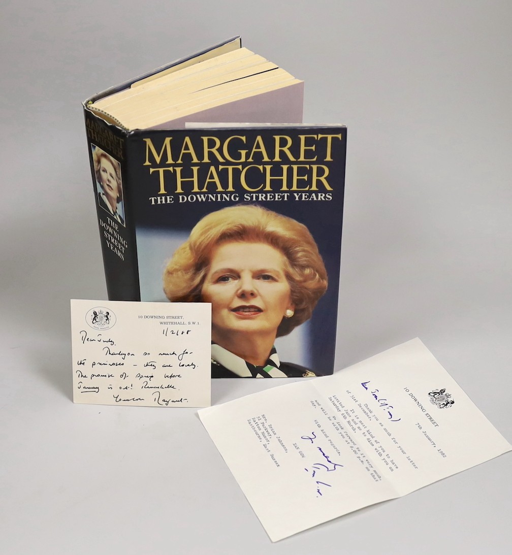 British Politics - Margaret Thatcher inscribed card to 'Judy', signed book and a letter from Ian Gow, 7th Jan 1982 on 10 Downing Street headed paper